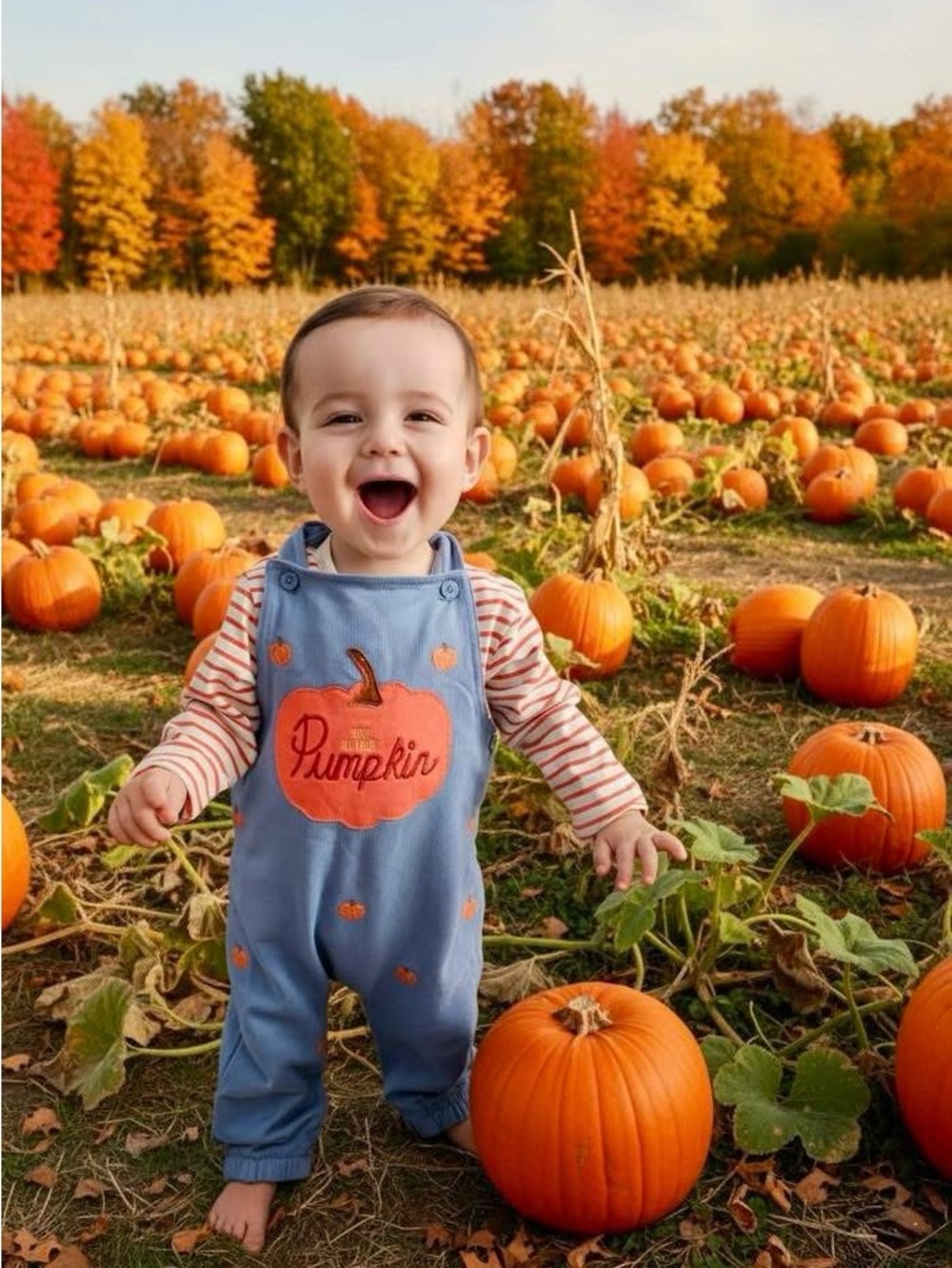 Jojo • Baby Pumpkin Overalls - Blue with Orange Pumpkin Applique